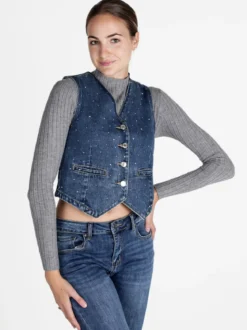 Solada Gilet donna in jeans con strass