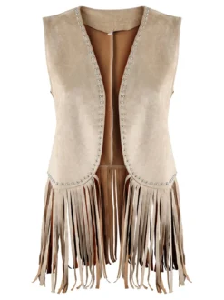 Solada Gilet donna scamosciato con borchie e frange - beige