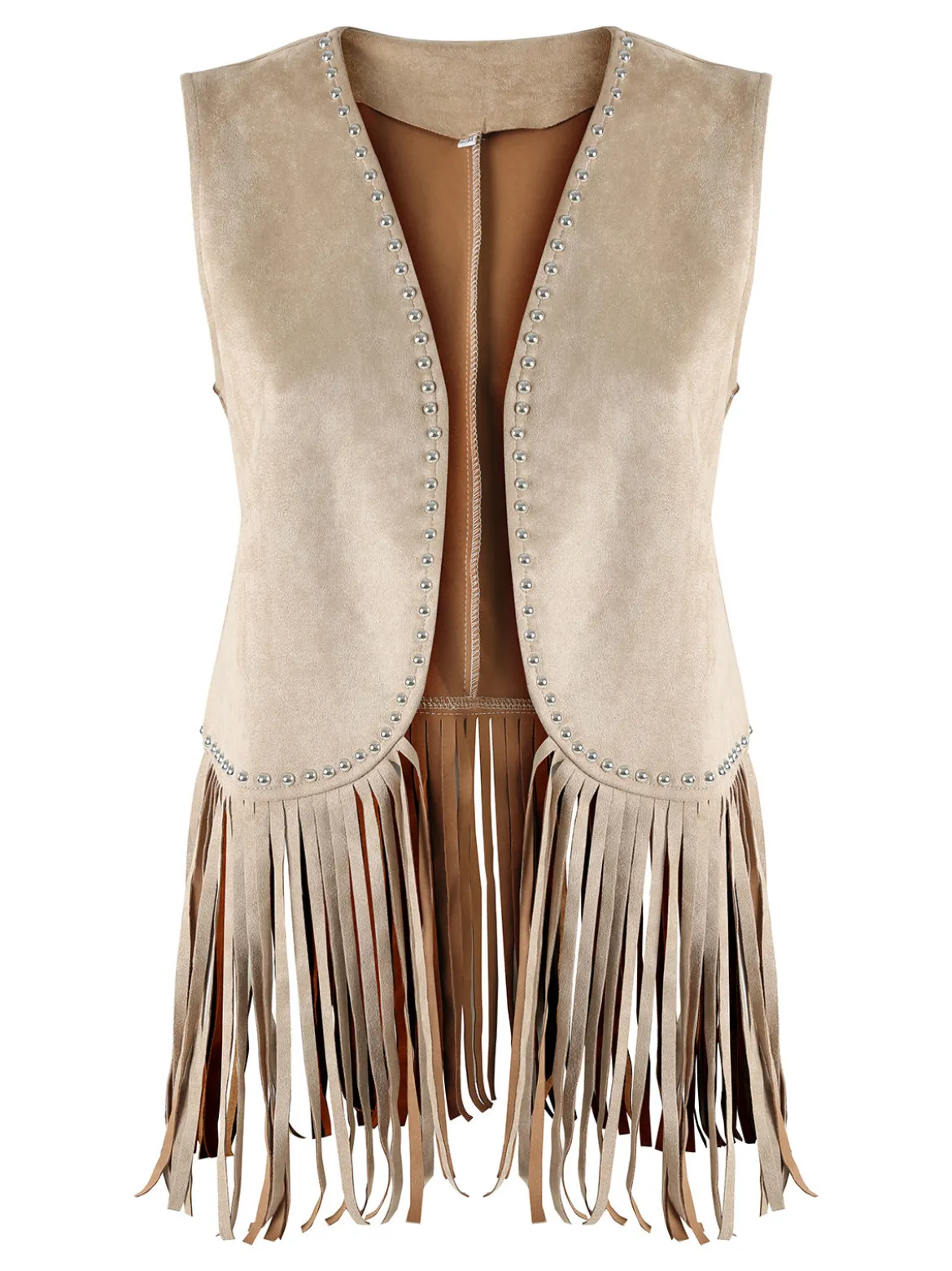 Solada Gilet donna scamosciato con borchie e frange - beige