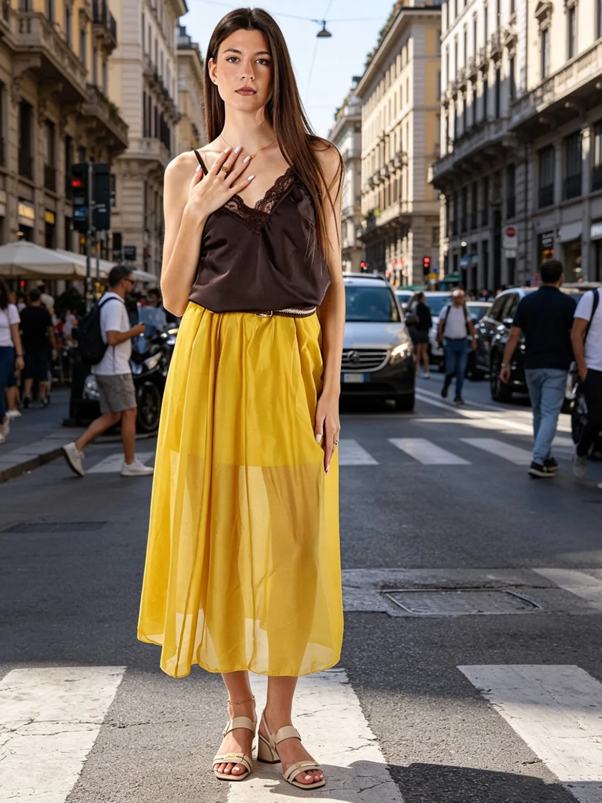 Solada Gonna lunga da donna con cintura bicolore in corda - senape