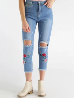 Solada Jeans boyfriend strappati con ricami fiorati