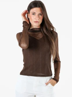 Solada Maglia donna accollata con maniche lunghe velate e dettagli lurex - moro