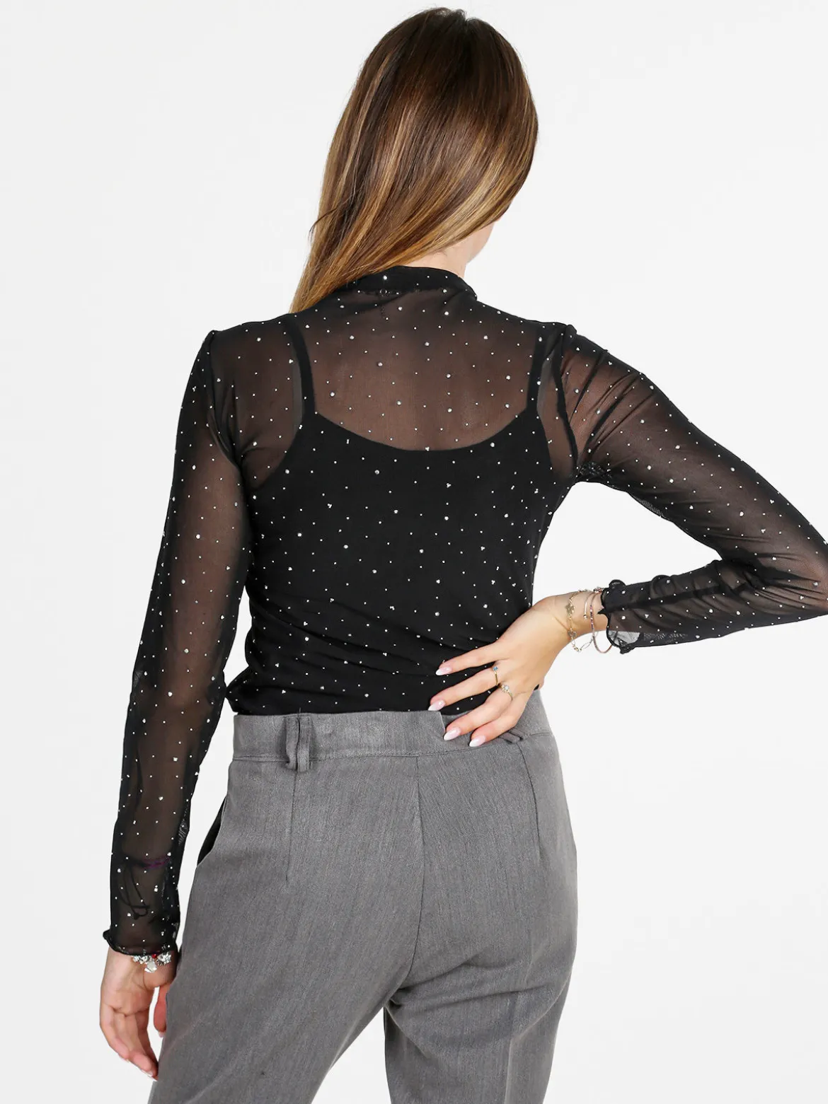 Solada Maglia donna a lupetto in microrete con borchie - nero