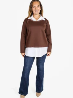 Solada Maglia donna girocollo con dettagli a camicia - moro