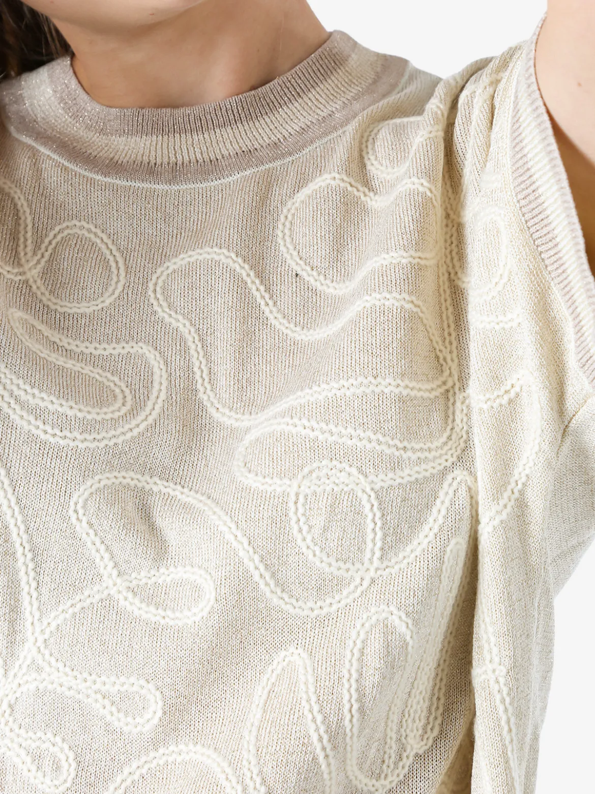 Solada Maglia donna in lurex a maniche corte con ricami - beige