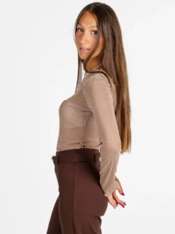 Solada Maglia girocollo da donna in microrete con borchie - marrone