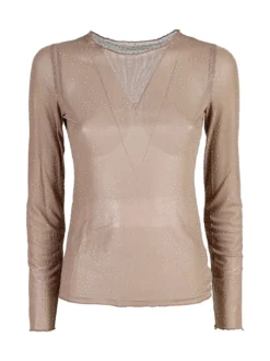 Solada Maglia girocollo da donna in microrete con borchie - marrone