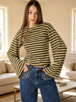 Solada Maglia rigata da donna con maniche lunghe a campana - giallo