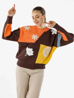 Solada Maglione donna oversize a blocchi di colore con ricami - arancione