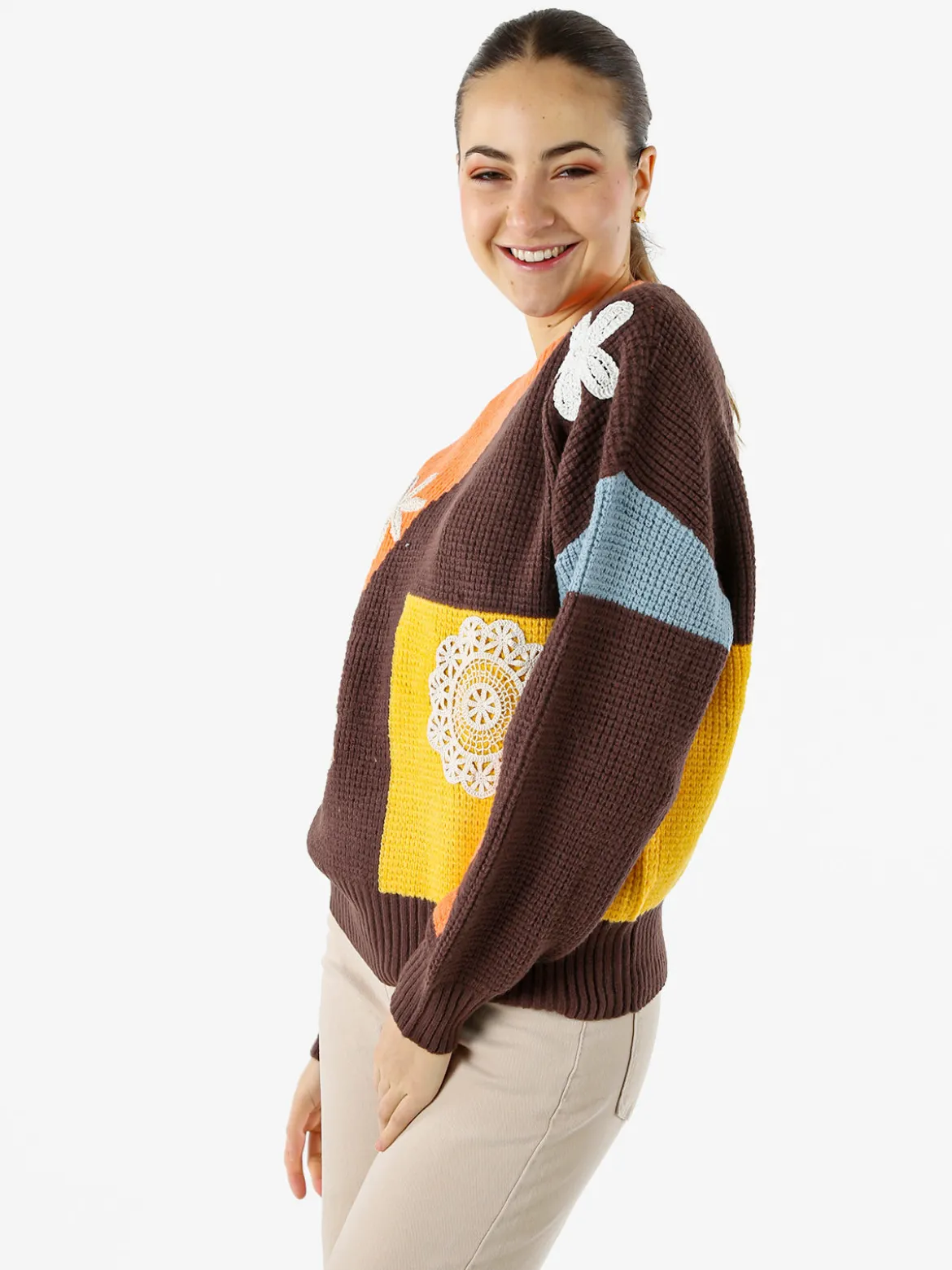 Solada Maglione donna oversize a blocchi di colore con ricami - arancione