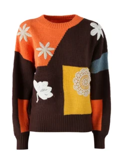 Solada Maglione donna oversize a blocchi di colore con ricami - arancione
