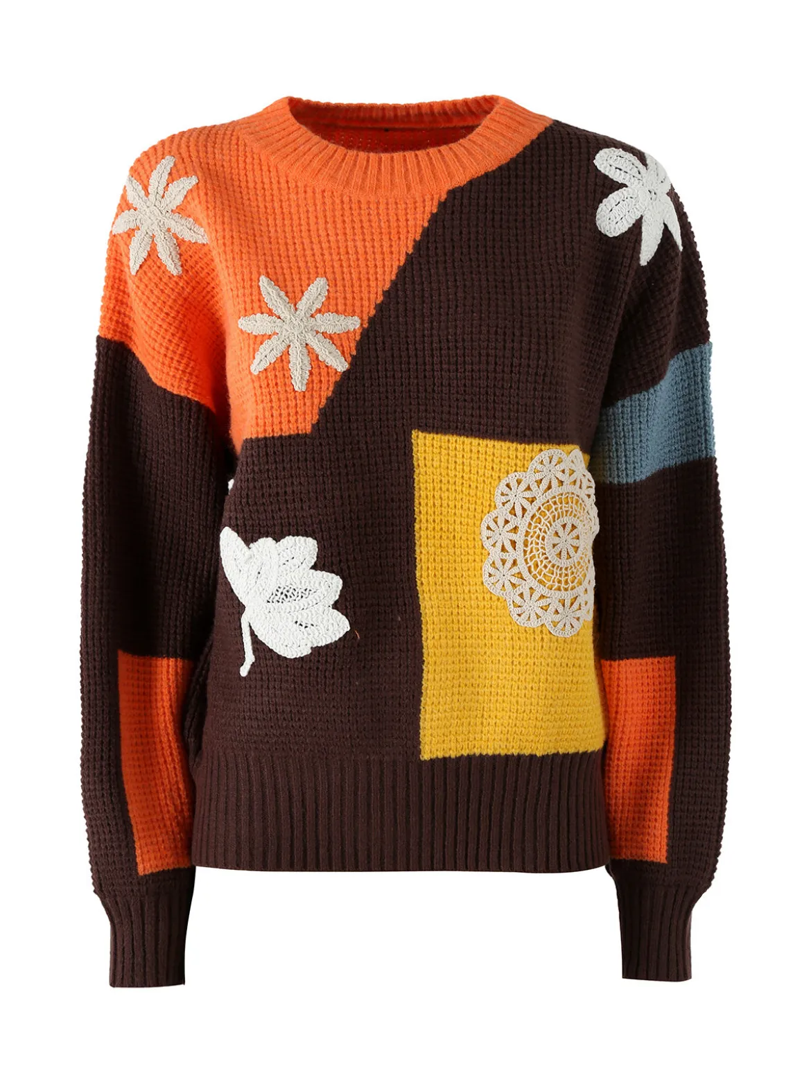 Solada Maglione donna oversize a blocchi di colore con ricami - arancione