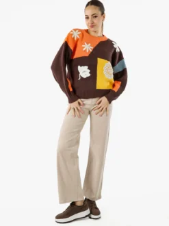 Solada Maglione donna oversize a blocchi di colore con ricami - arancione