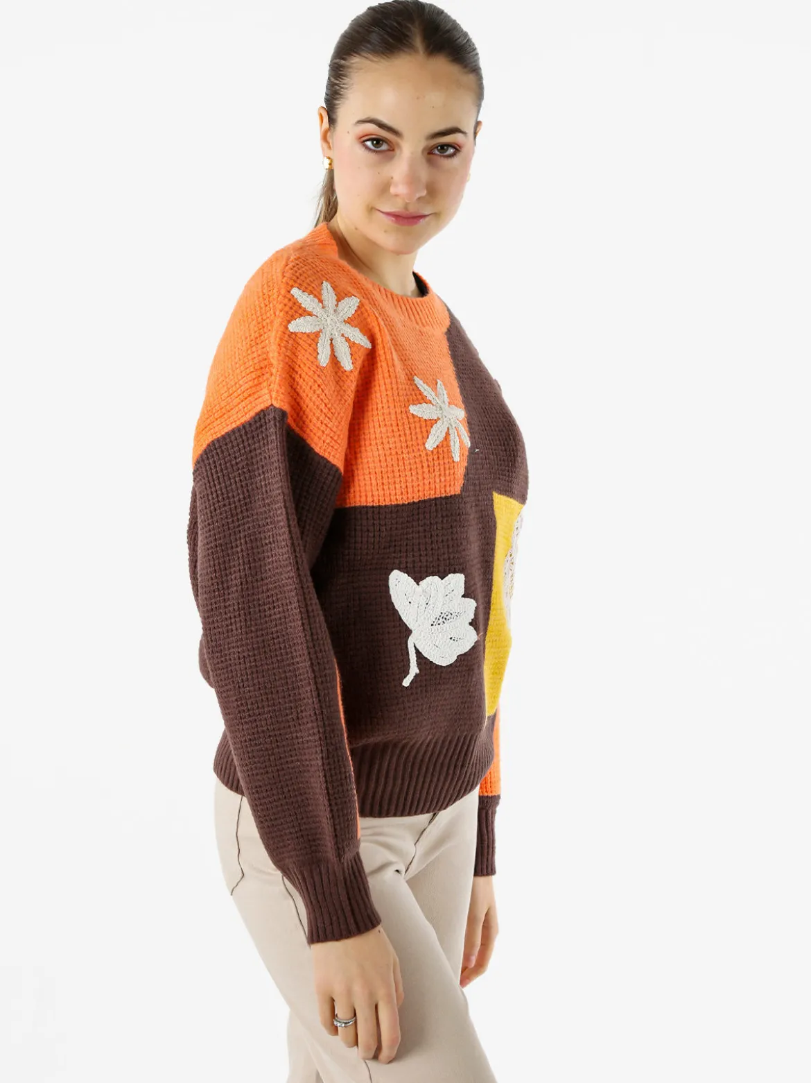 Solada Maglione donna oversize a blocchi di colore con ricami - arancione