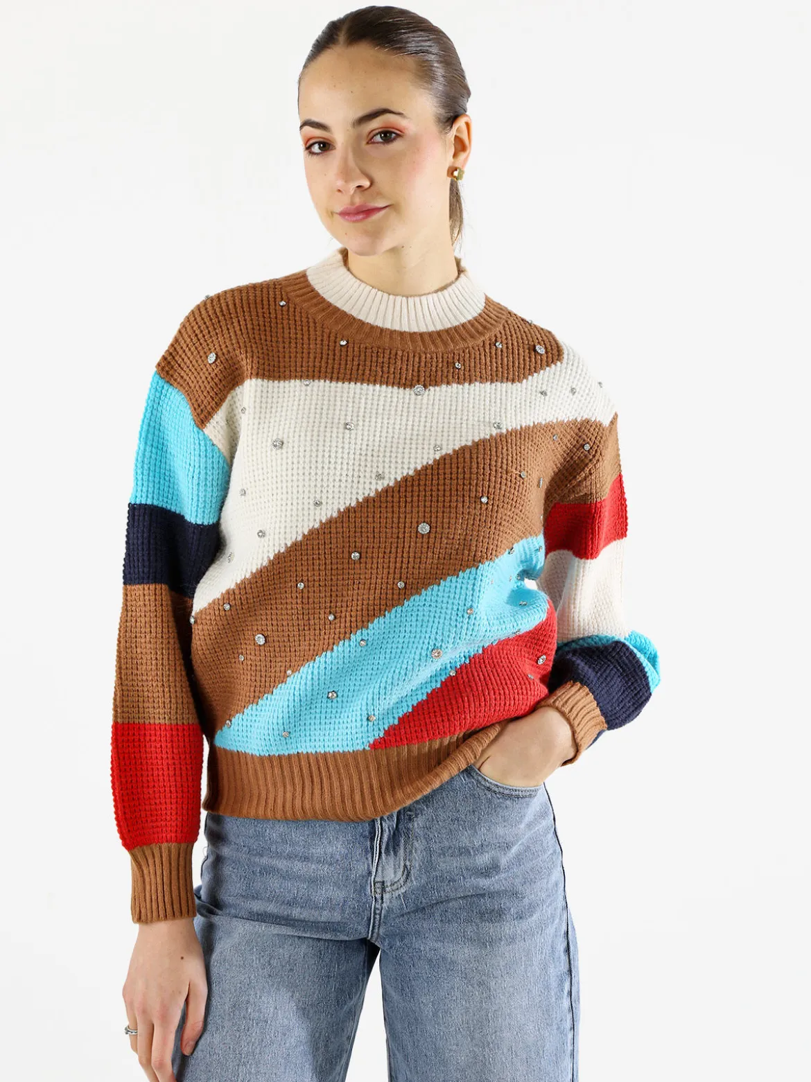 Solada Maglione donna oversize a blocchi di colore con strass - bianco