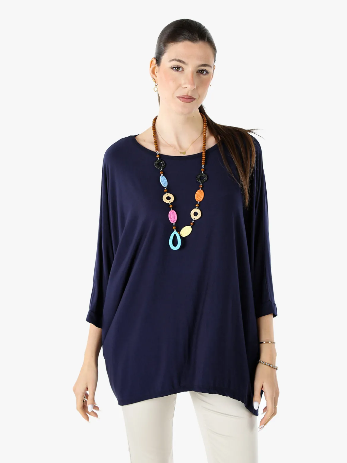 Solada Maxi blusa da donna in viscosa con maniche a pipistrello - blu scuro