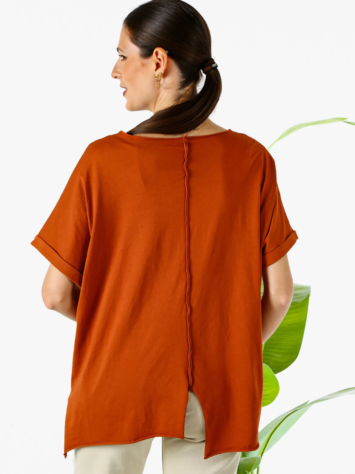 Solada Maxi t-shirt donna in cotone con maniche risvoltate - cuoio