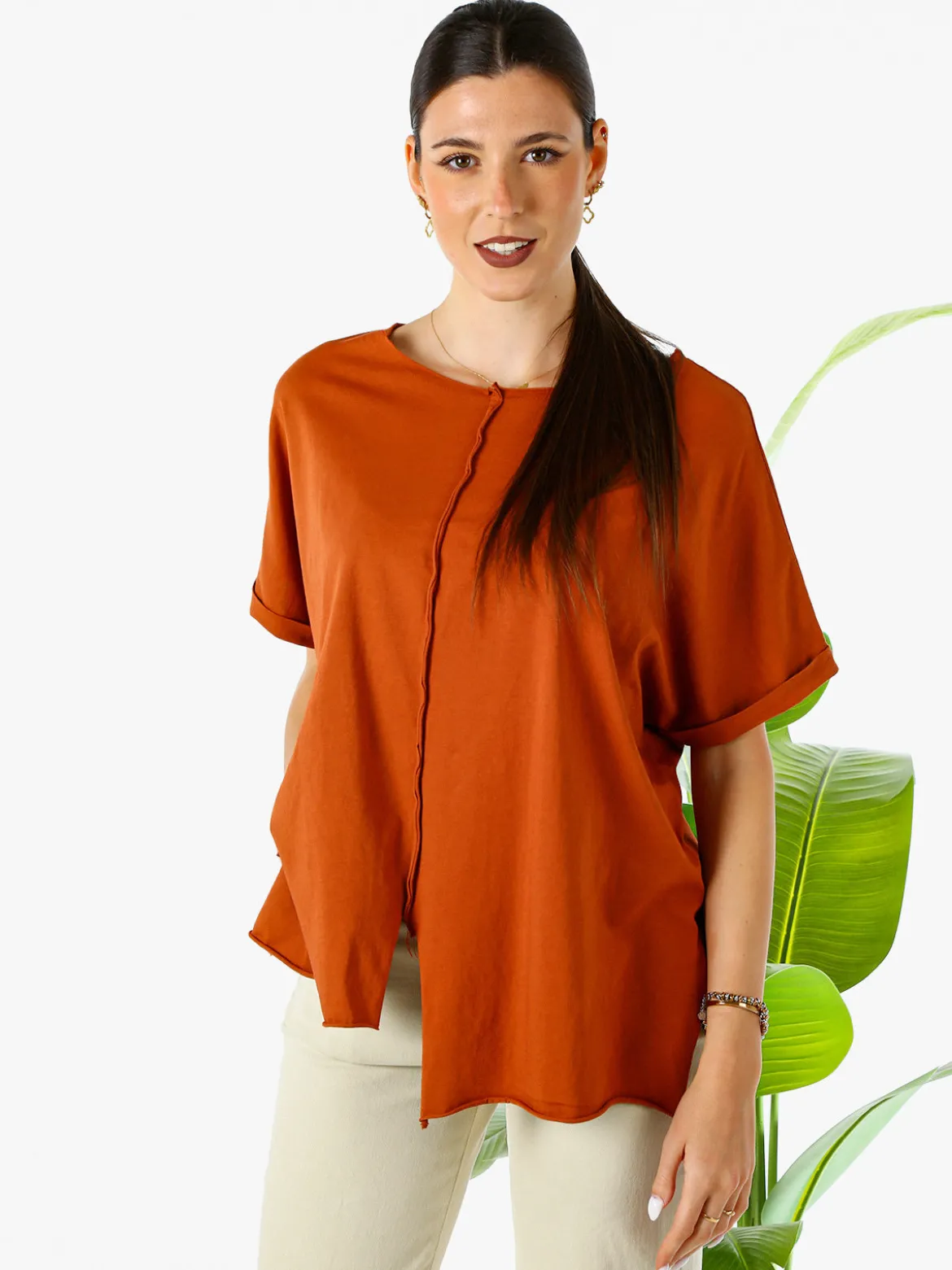 Solada Maxi t-shirt donna in cotone con maniche risvoltate - cuoio