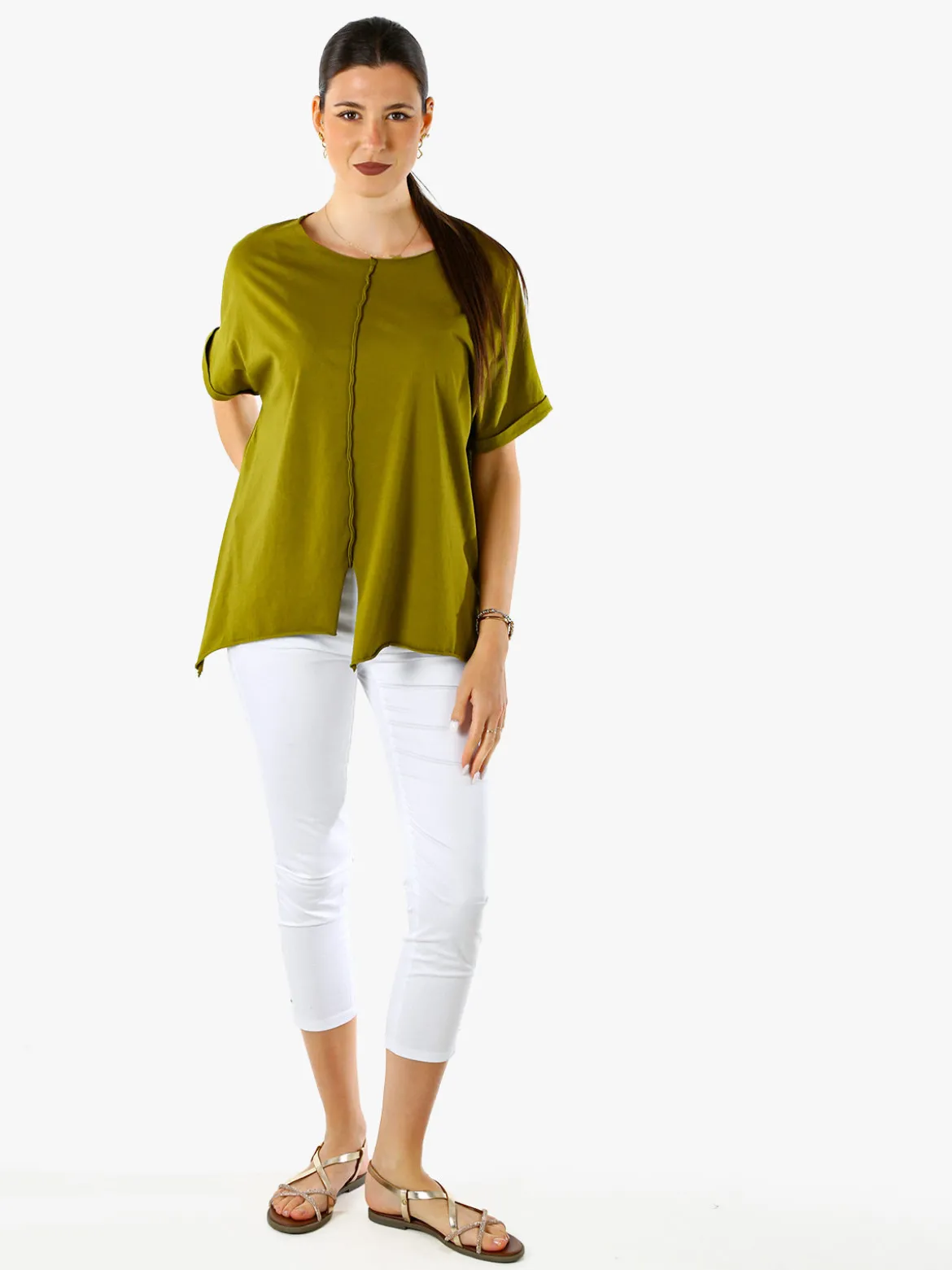 Solada Maxi t-shirt donna in cotone con maniche risvoltate - oliva
