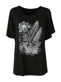 Solada Maxi t-shirt donna in viscosa con stampa fiori e dettagli micro borchie - nero