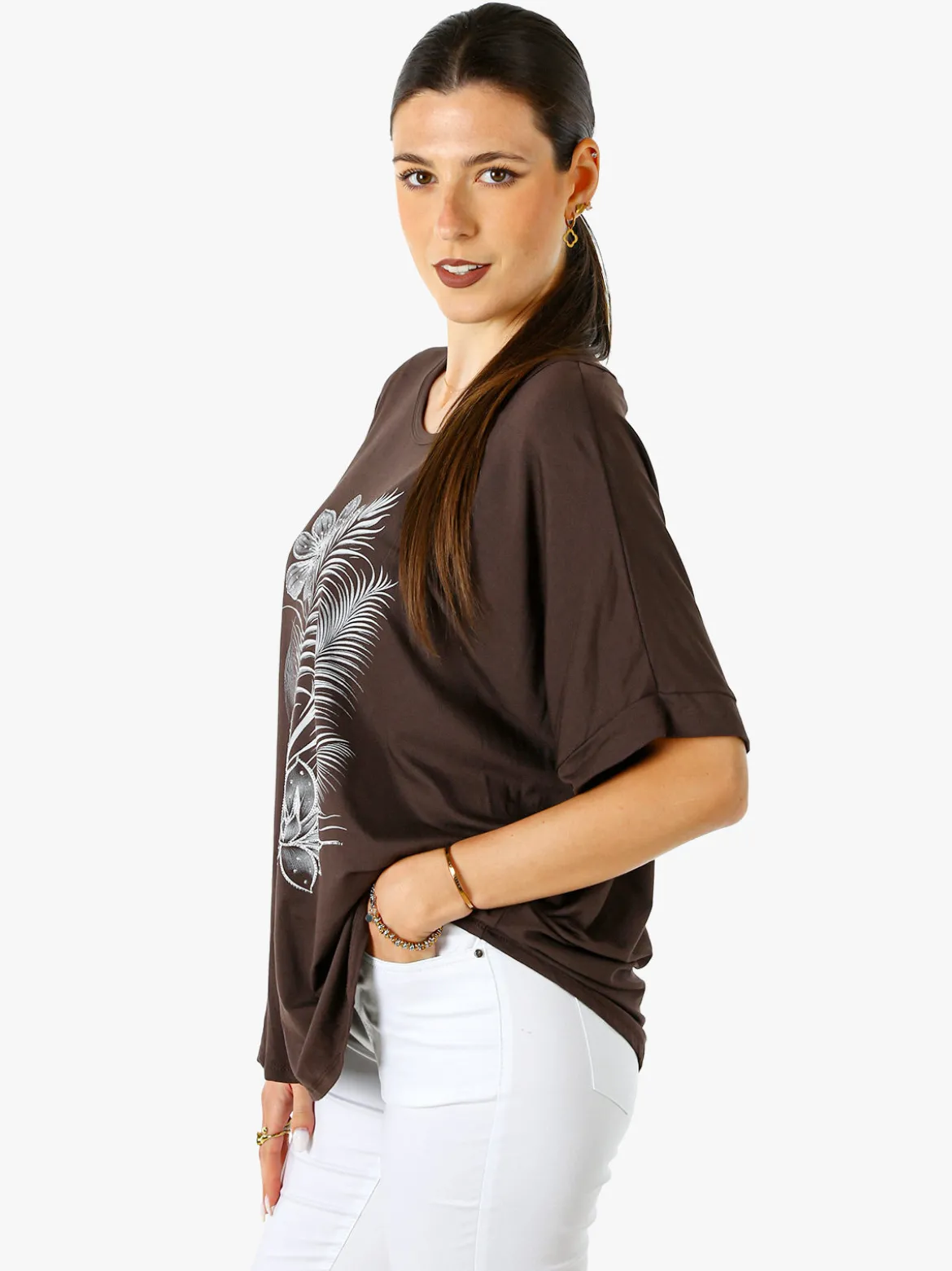 Solada Maxi t-shirt donna in viscosa con stampa fiori e dettagli micro borchie - marrone