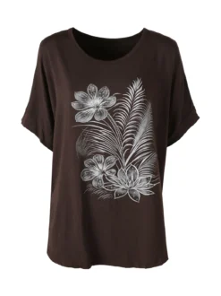 Solada Maxi t-shirt donna in viscosa con stampa fiori e dettagli micro borchie - marrone