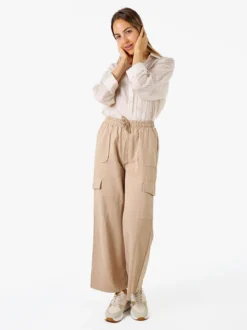 Solada Pantaloni donna a gamba larga con tasconi laterali e coulisse - khaki
