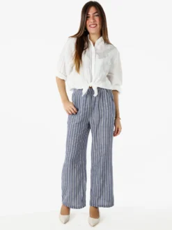 Solada Pantaloni donna a righe in misto lino - blu