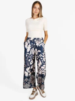Solada Pantaloni donna effetto raso con stampe - blu scuro