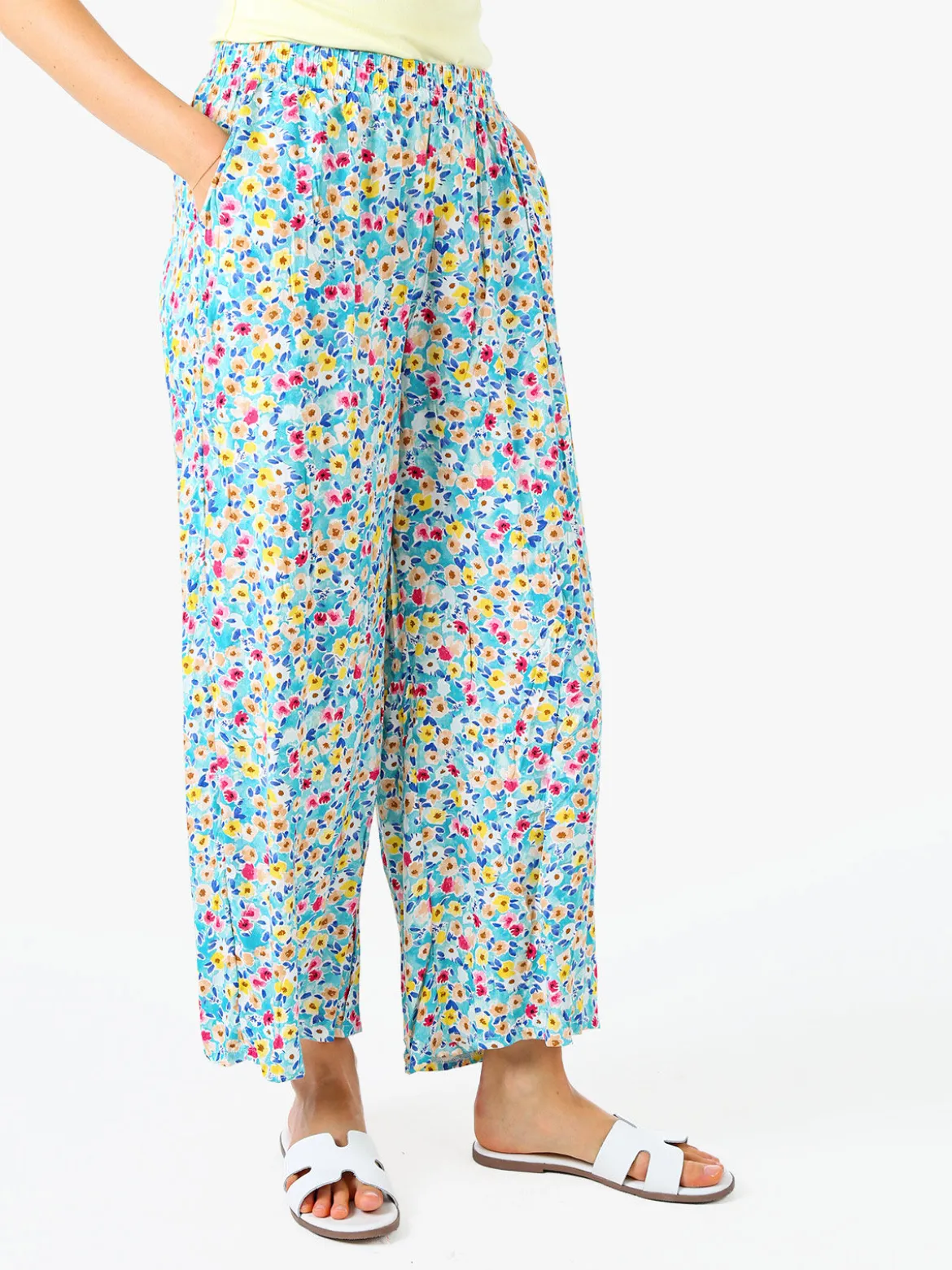 Solada Pantaloni donna floreali a gamba larga in cotone - blu