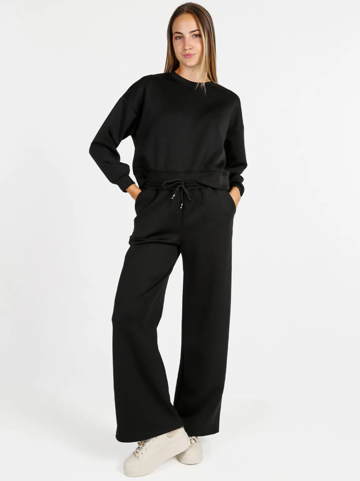 Solada Pantaloni donna in felpa a gamba larga con coulisse - nero