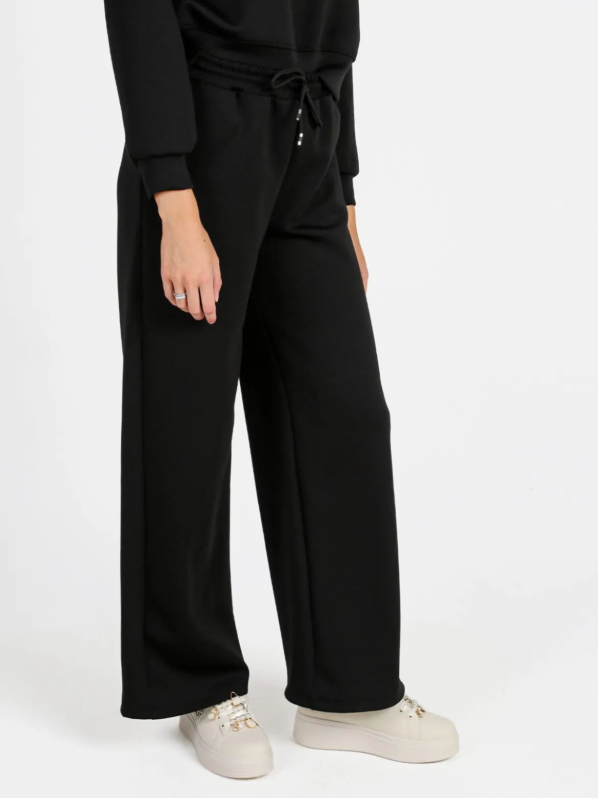 Solada Pantaloni donna in felpa a gamba larga con coulisse - nero