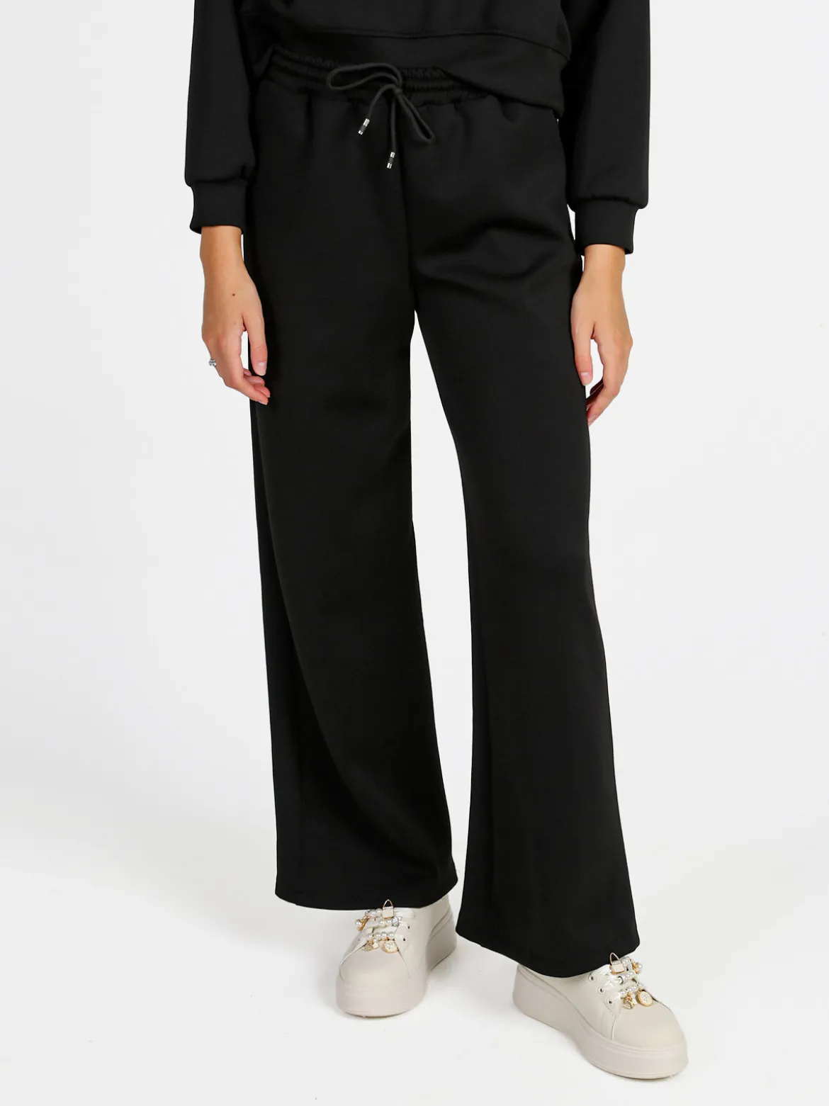 Solada Pantaloni donna in felpa a gamba larga con coulisse - nero