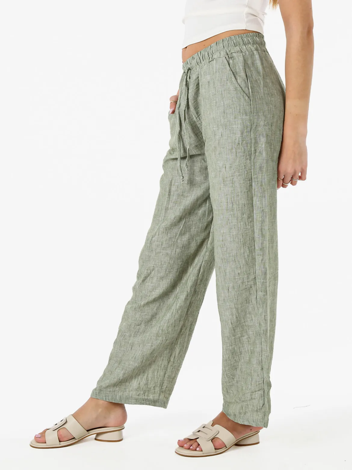 Solada Pantaloni donna leggeri a gamba larga con coulisse - pistacchio