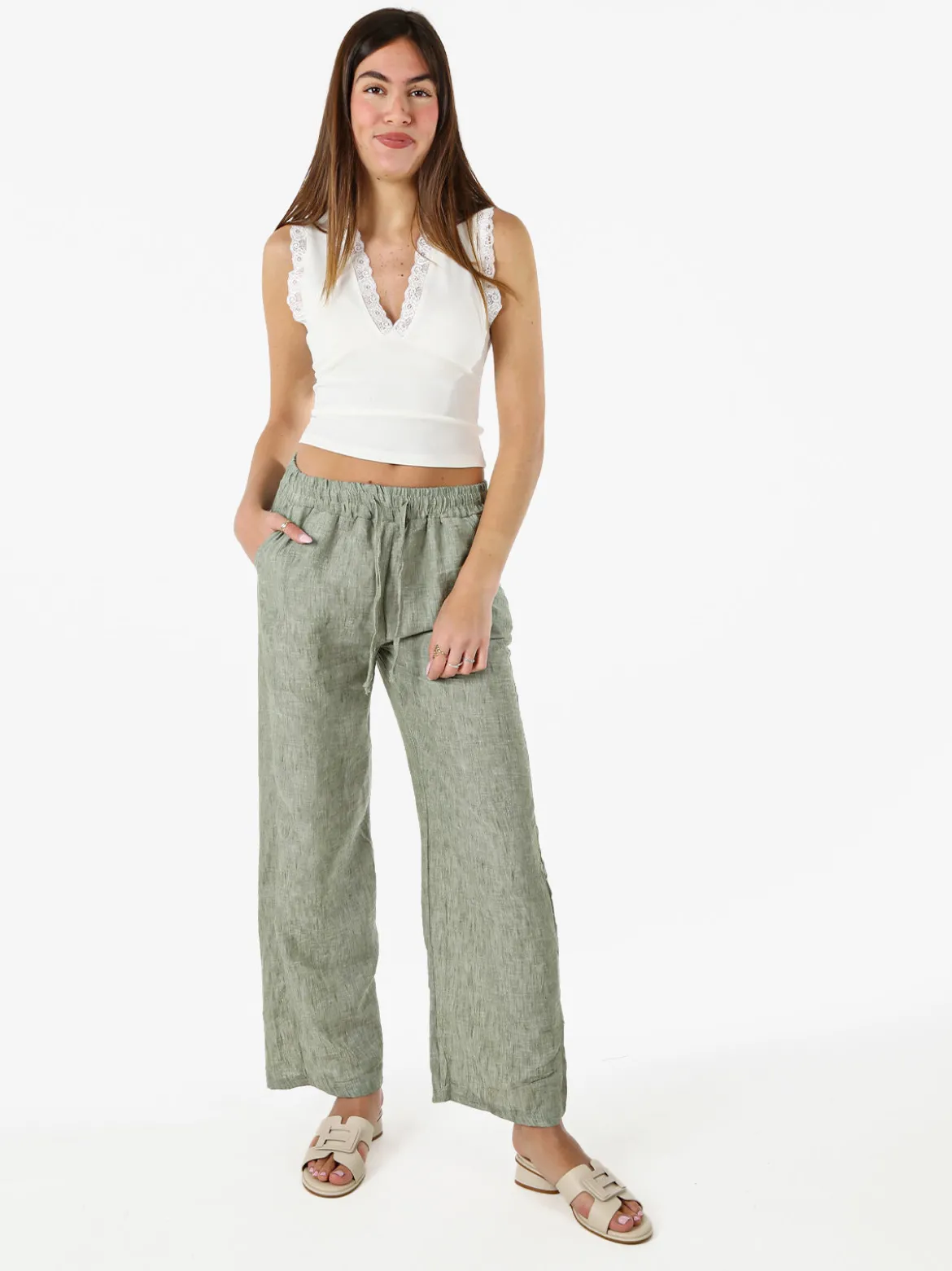 Solada Pantaloni donna leggeri a gamba larga con coulisse - pistacchio