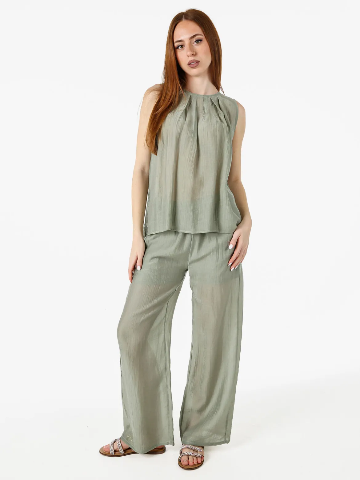 Solada Pantaloni donna leggeri a gamba larga - pistacchio