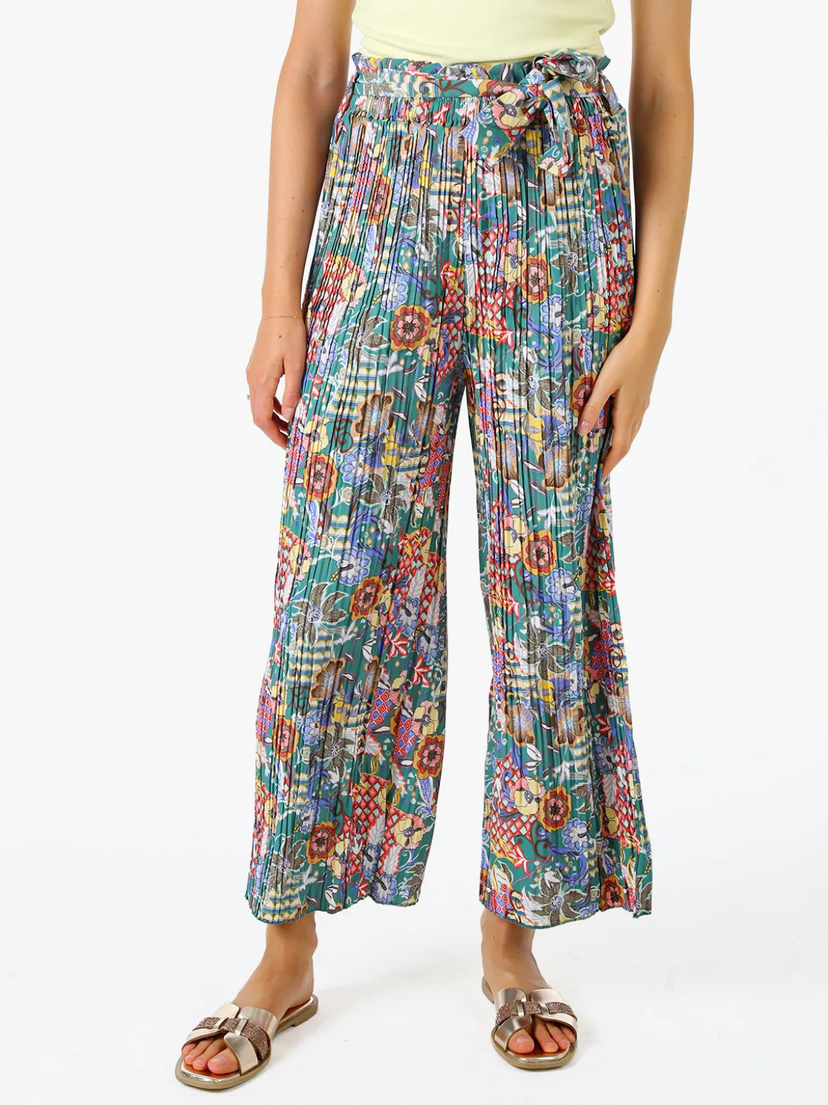 Solada Pantaloni donna plissettati a gamba larga con stampe - verde