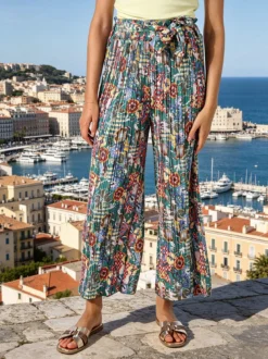 Solada Pantaloni donna plissettati a gamba larga con stampe - verde