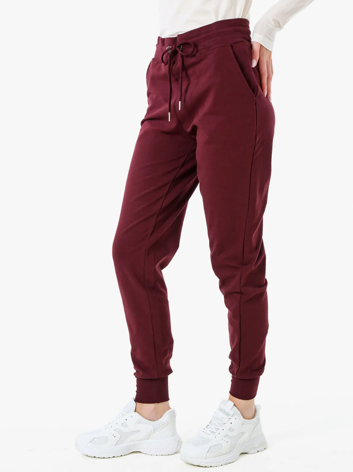 Solada Pantaloni tuta da donna in cotone con coulisse e polsini - bordeaux