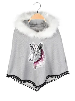 Solada Poncho da bambina con cappuccio e bordo in ecopelliccia