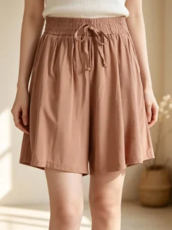 Solada Shorts donna in cotone a vita alta a gamba larga - cammello