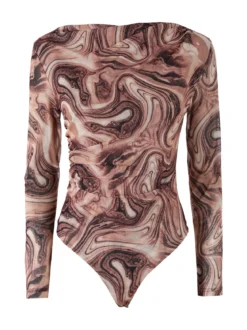 Solada Top body donna a maniche lunghe con scollo a cascata - marrone