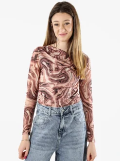 Solada Top body donna a maniche lunghe con scollo a cascata - marrone