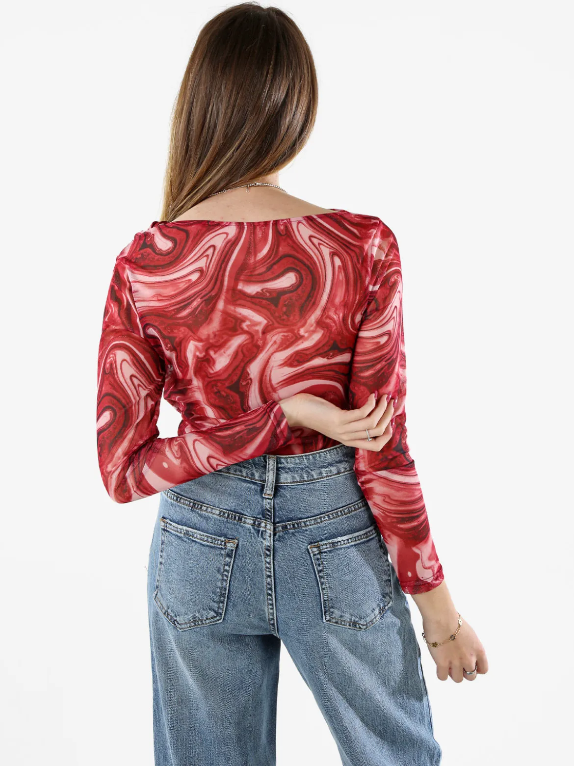 Solada Top body donna a maniche lunghe con scollo a cascata - rosso