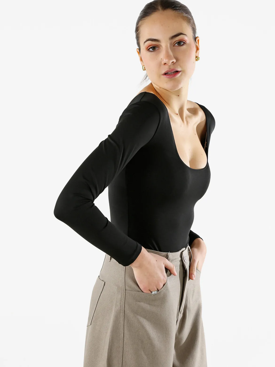 Solada Top body donna a maniche lunghe con scollo davanti e dietro - nero