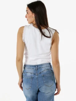 Solada Top donna a costine con scollo a V e bordi sfrangiati - bianco