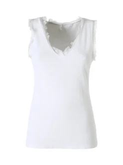 Solada Top donna a costine con scollo a V e bordi sfrangiati - bianco