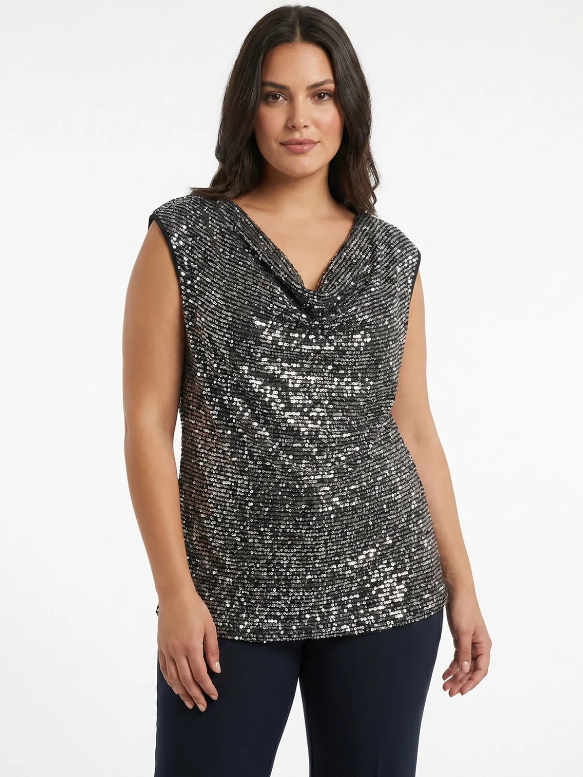 Solada Top donna con paillettes e scollo a cascata linea curvy - argento