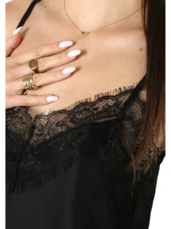 Solada Top donna con spalline sottili e scollo a V con pizzo - nero