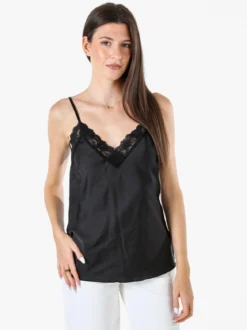 Solada Top donna effetto raso con scollo in pizzo e spalline strette - nero
